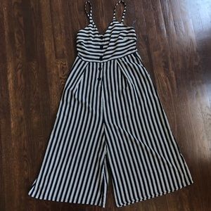 Capri-Length Striped Jumpsuit Romper with Pockets